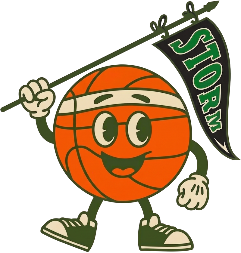 Summit basketball character waving a Storm pennant
